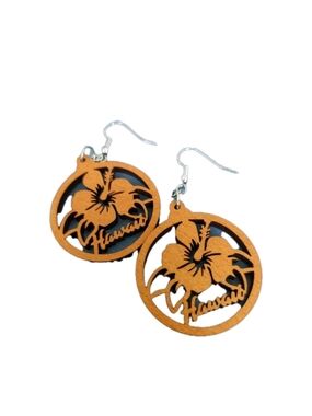 Hibiscus Wooden Circle Drop Earrings - Brown